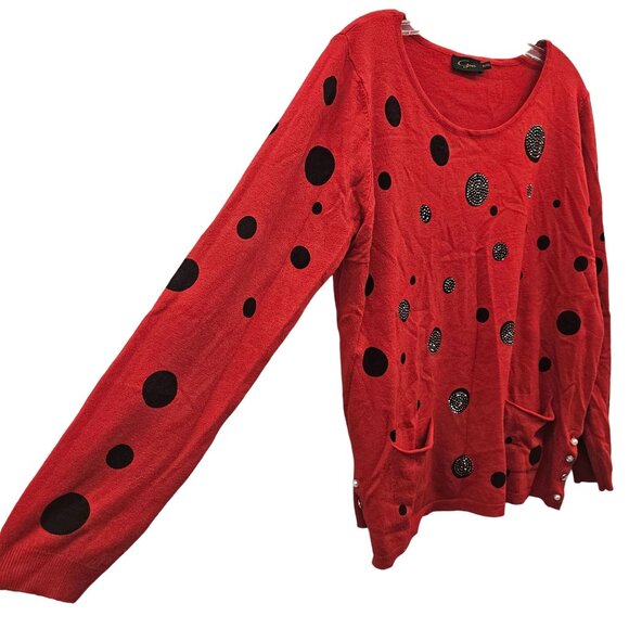 Gca Red Long-Sleeve Polka Dot Sweater With Pockets & Decorative Buttons - Picture 3 of 9